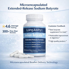 LongJuvity bottle-label close-up highlighting lab-tested quality for gut support.