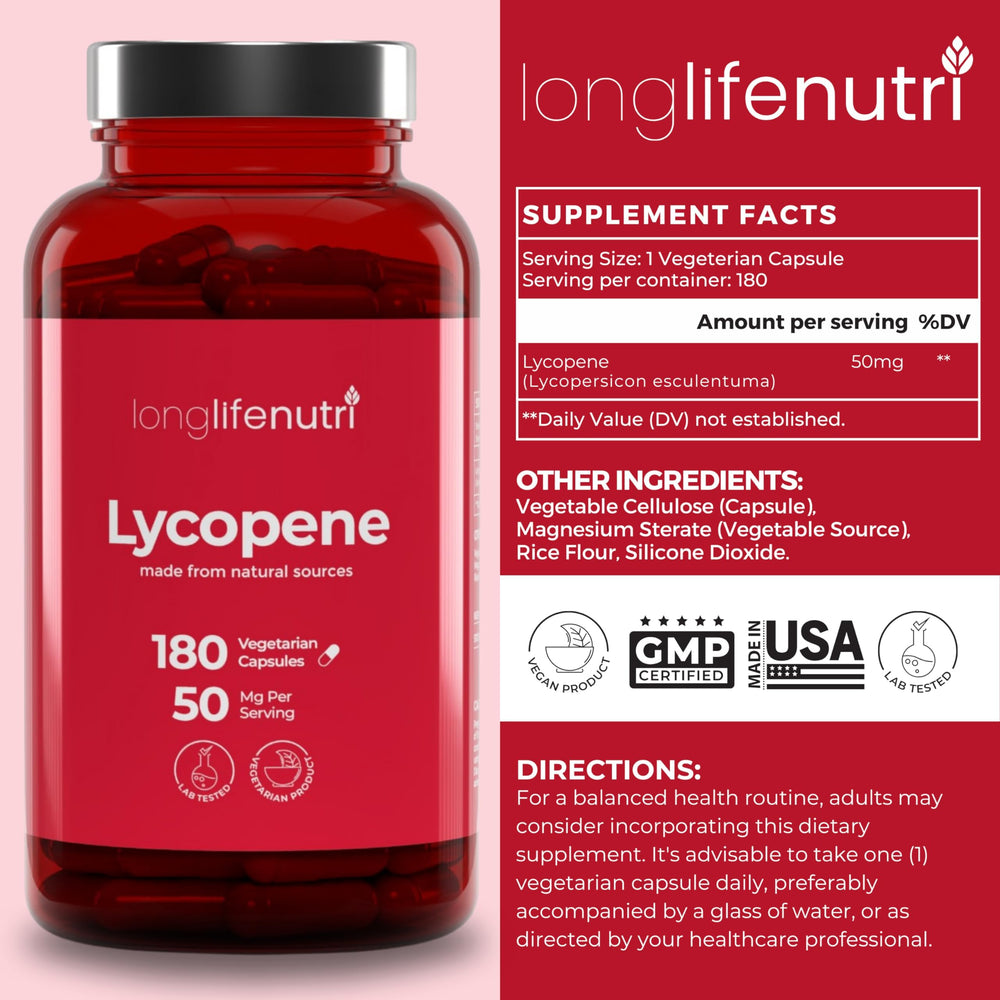 LongLifeNutri Lycopene 50mg label front showing purity and ingredients