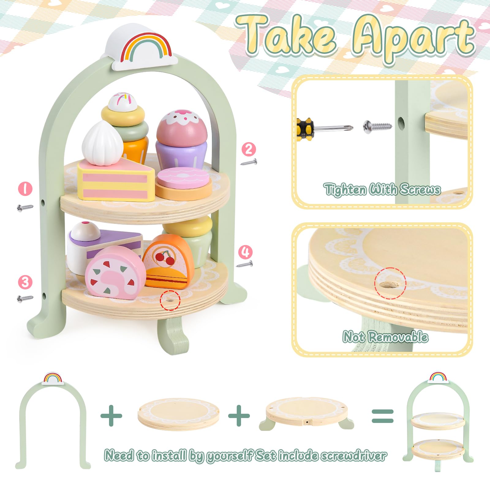 Lonico pretend tea bags and sweets completing a dessert display for kids' kitchen fun