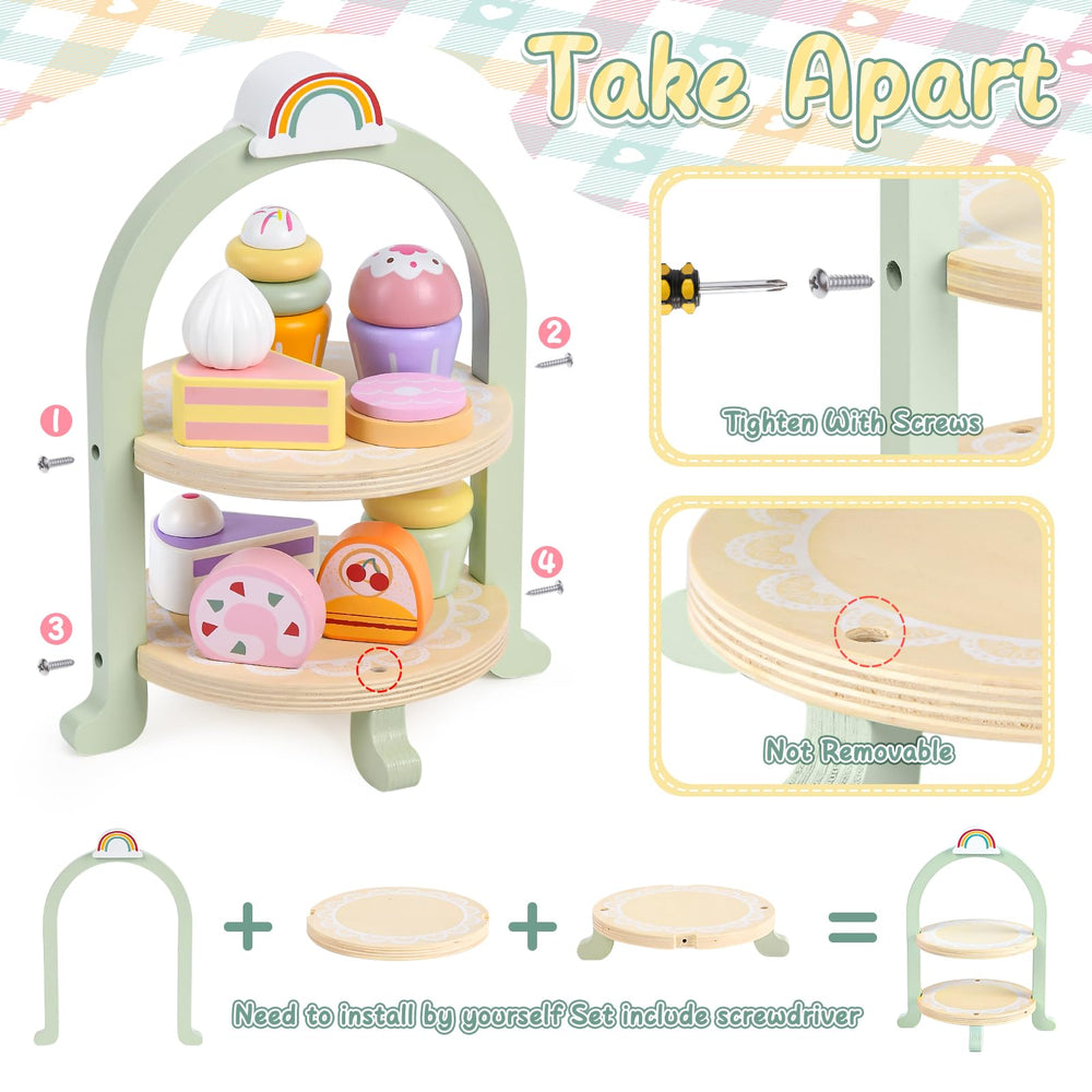 Lonico pretend tea bags and sweets completing a dessert display for kids' kitchen fun