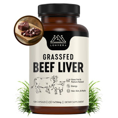 Lonvera grass-fed beef liver capsules bottle showing pasture-raised nutrition for daily energy