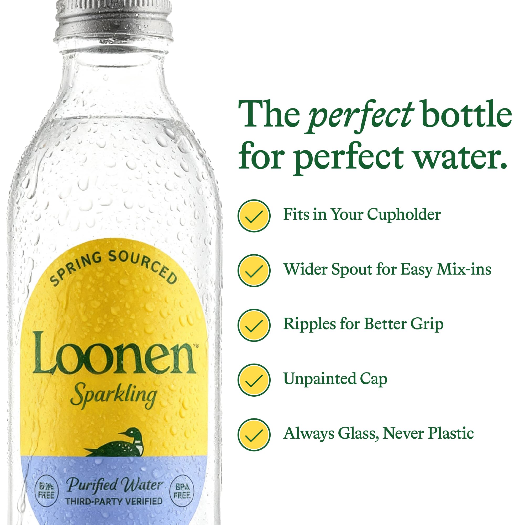 Loonen reusable glass bottle in fridge, ready for refreshing hydration.