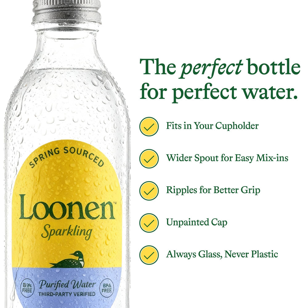 Loonen reusable glass bottle in fridge, ready for refreshing hydration.
