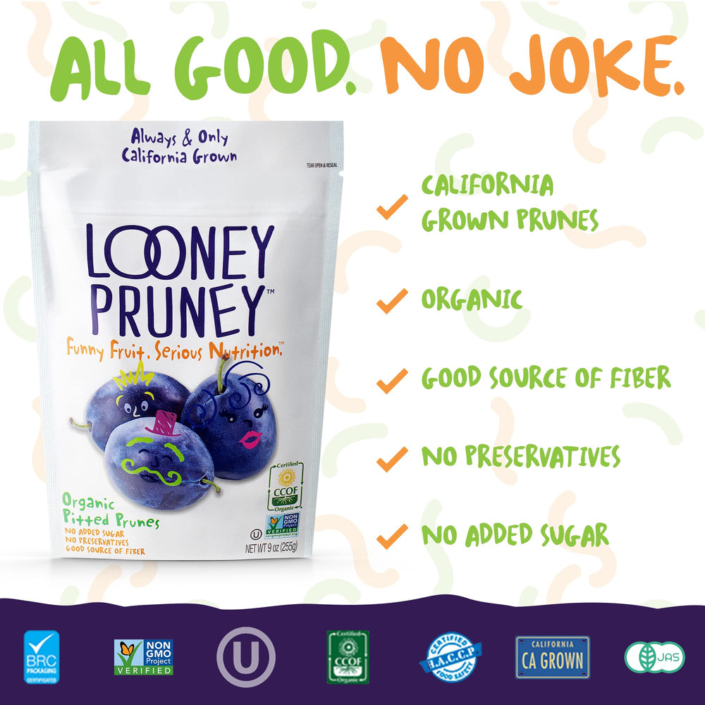 Looney Pruney California-grown label signals origin and quality.