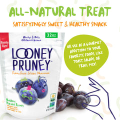 Looney Pruney Kosher-certified prunes suitable for school and work lunches.