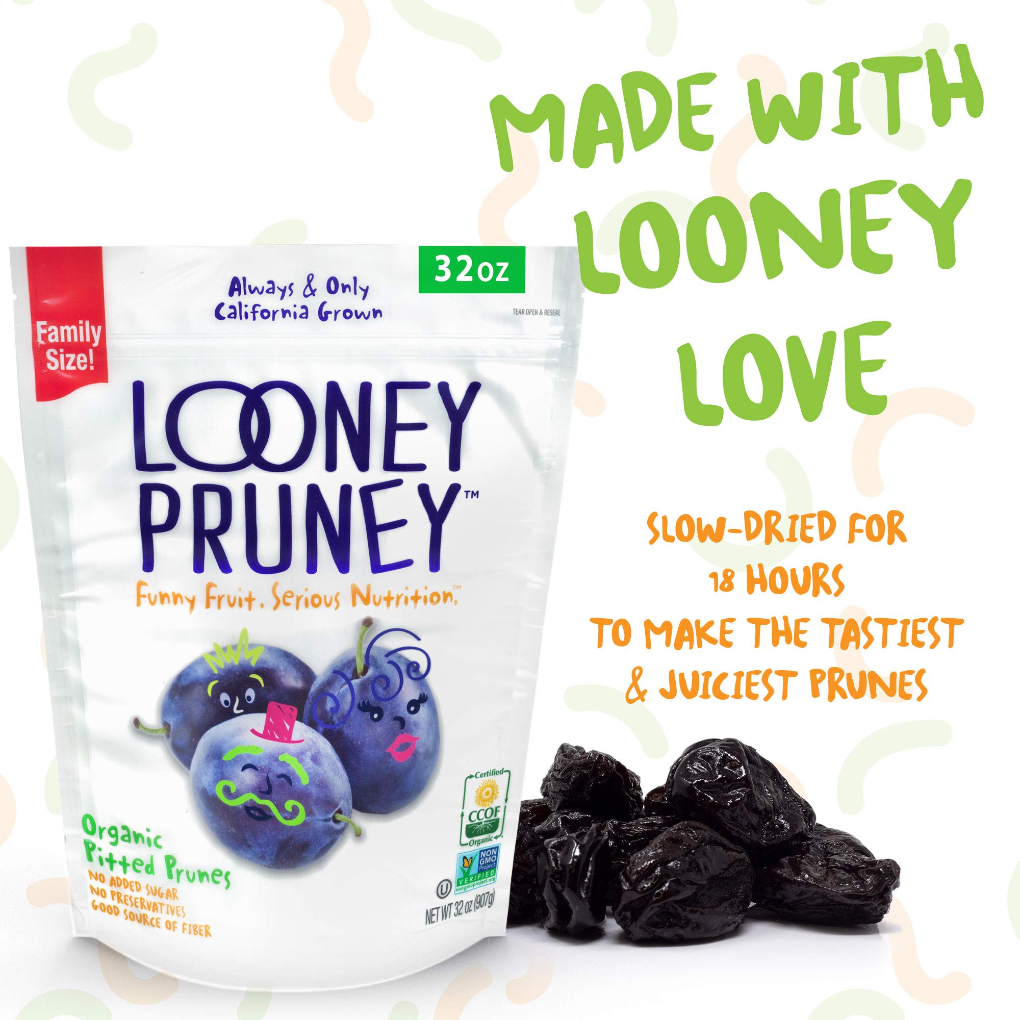 Looney Pruney preservative-free prunes provide pure fruit flavor in a simple pouch.