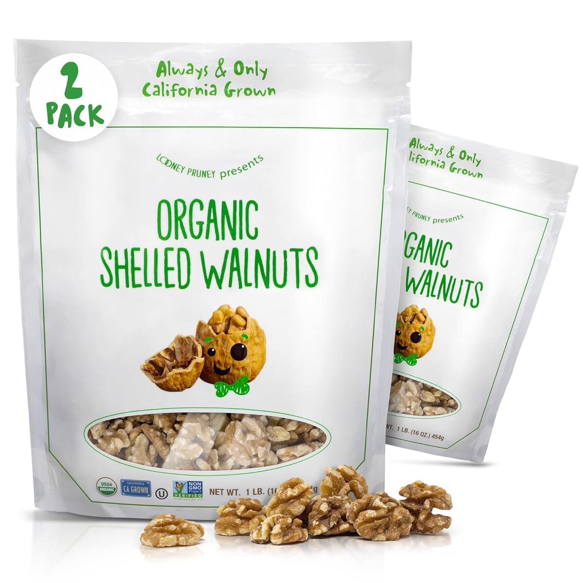 Looney Pruney Organic Walnuts in a bag, ideal for snacking and batch baking.