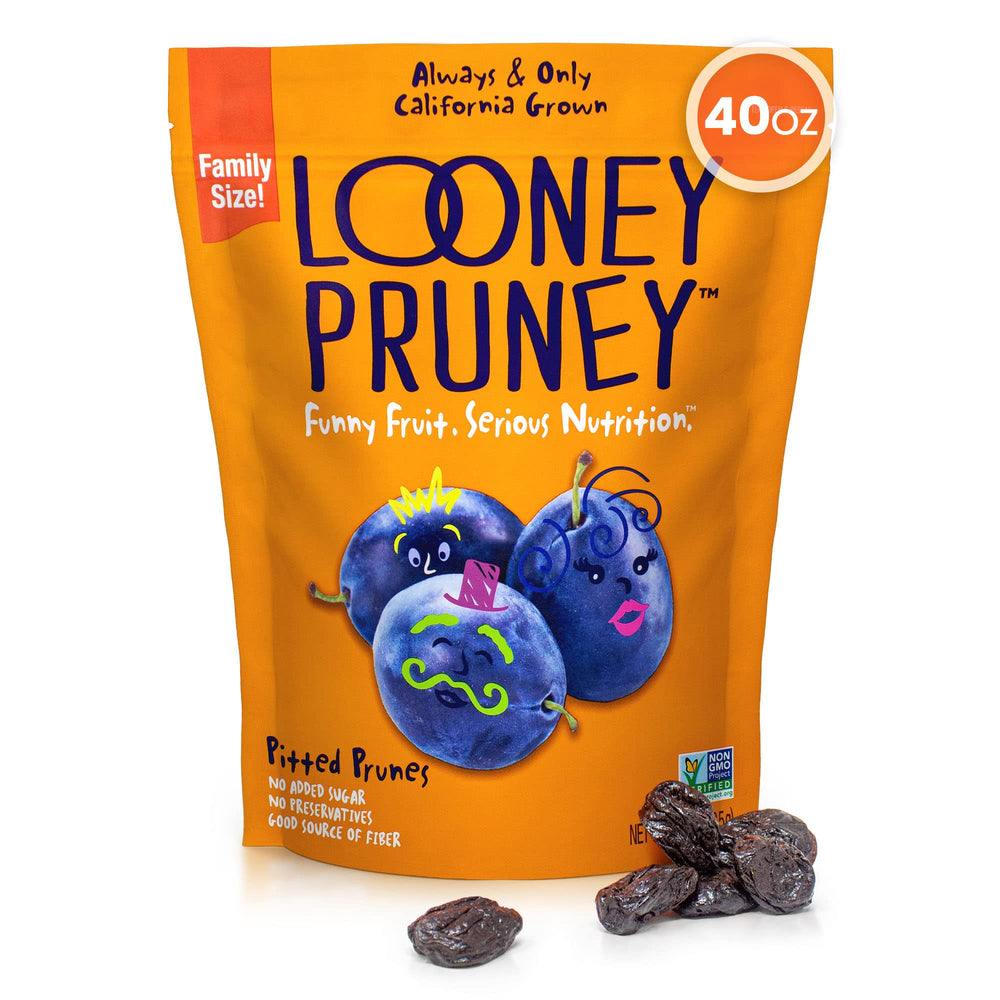 Looney Pruney pitted prunes bag shows resealable packaging for on-the-go snacking.