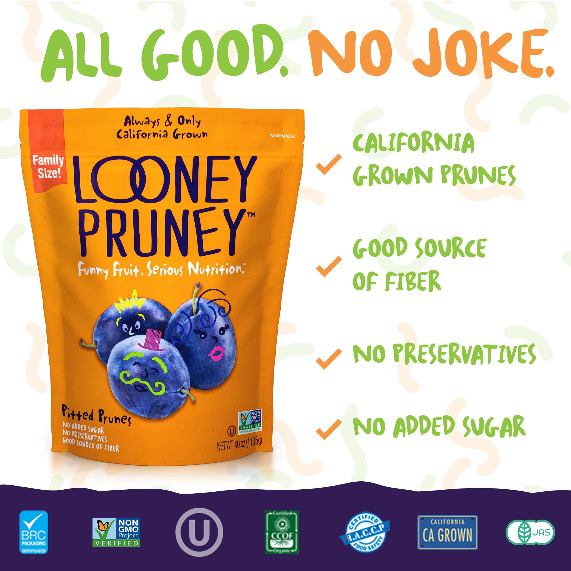 Looney Pruney pitted prunes closeup texture highlights plump, chewy bite.