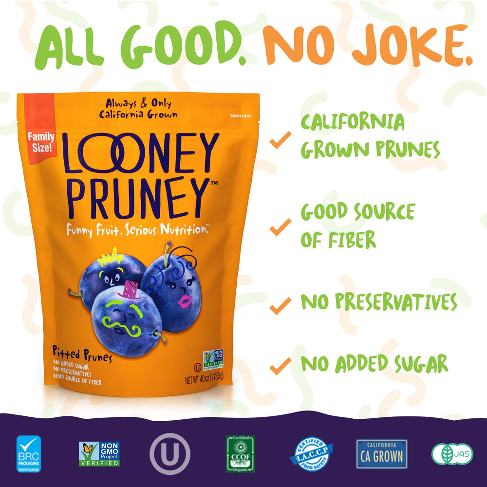 Looney Pruney pitted prunes closeup texture highlights plump, chewy bite.