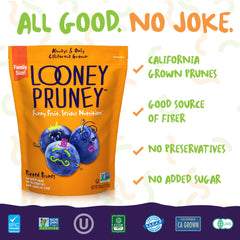 Looney Pruney pitted prunes closeup texture highlights plump, chewy bite.