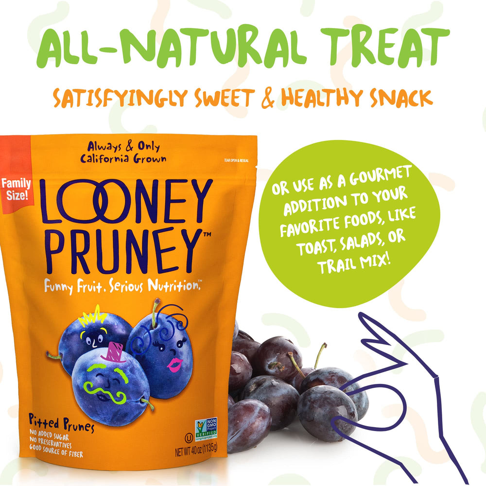 Looney Pruney pitted prunes in lunchbox offer a nutritious on-the-go option.