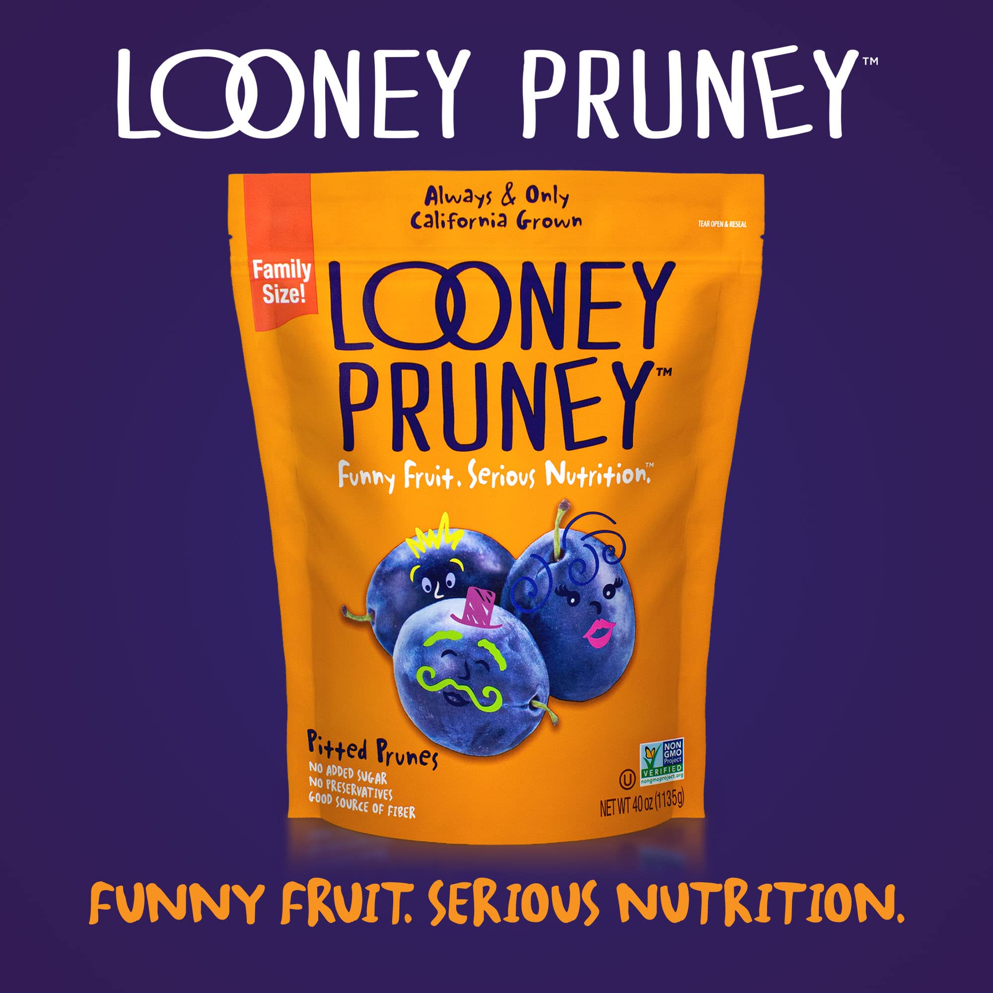 Looney Pruney pitted prunes no added sugar showcase natural sweetness.