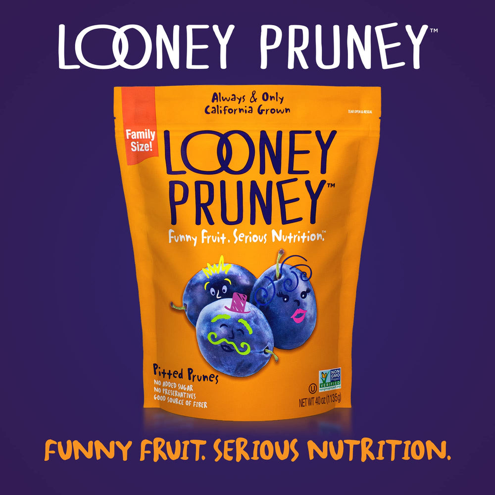 Looney Pruney pitted prunes no added sugar showcase natural sweetness.