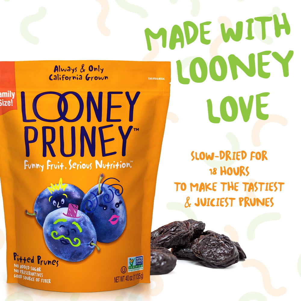 Looney Pruney pitted prunes resealable bag preserves freshness between meals.