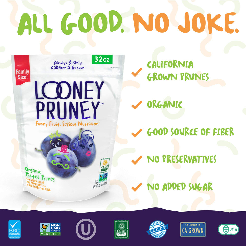 Looney Pruney pitted prunes ideal for quick, natural sweetness.