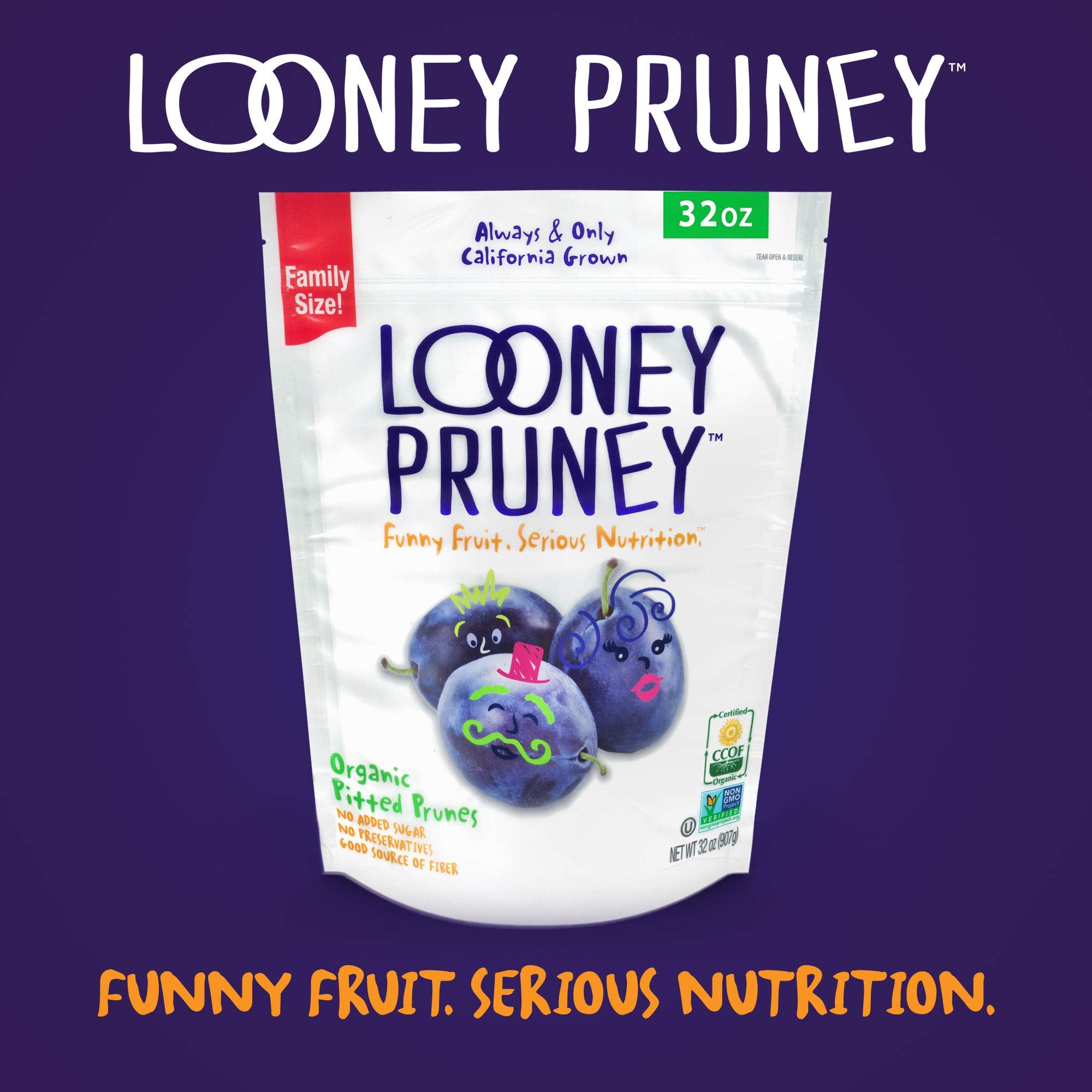 Looney Pruney pack shown with family enjoying a healthy snack.