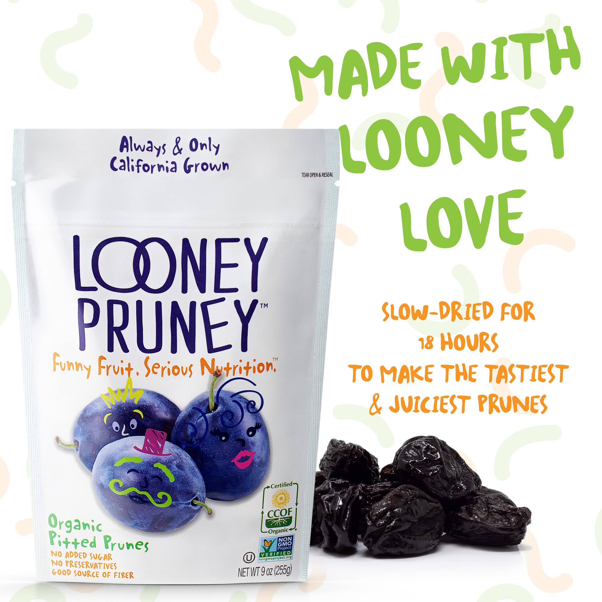 Looney Pruney resealable pouch preserves freshness after opening.