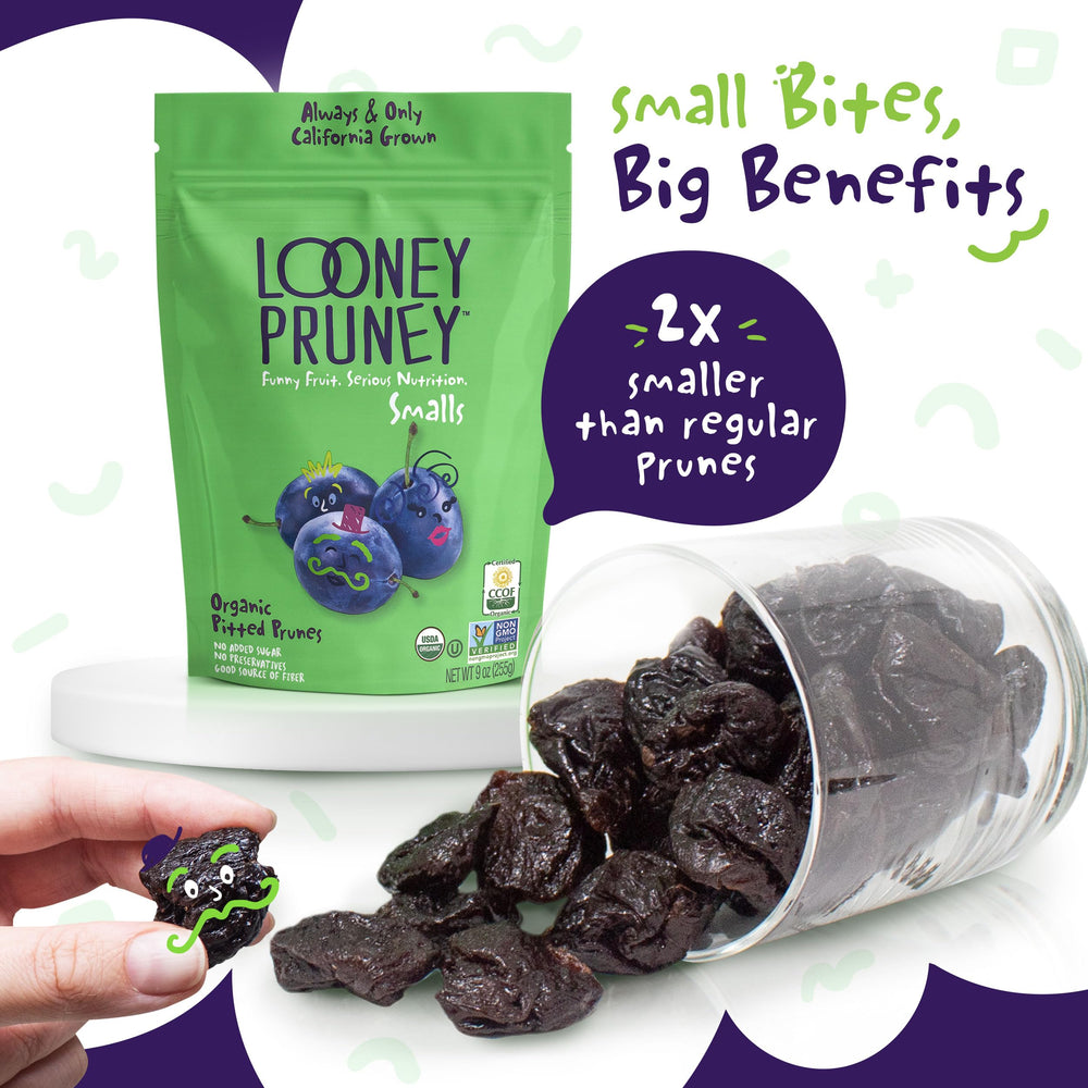 Looney Pruney Smalls prunes, 18-hour drying for fuller flavor.