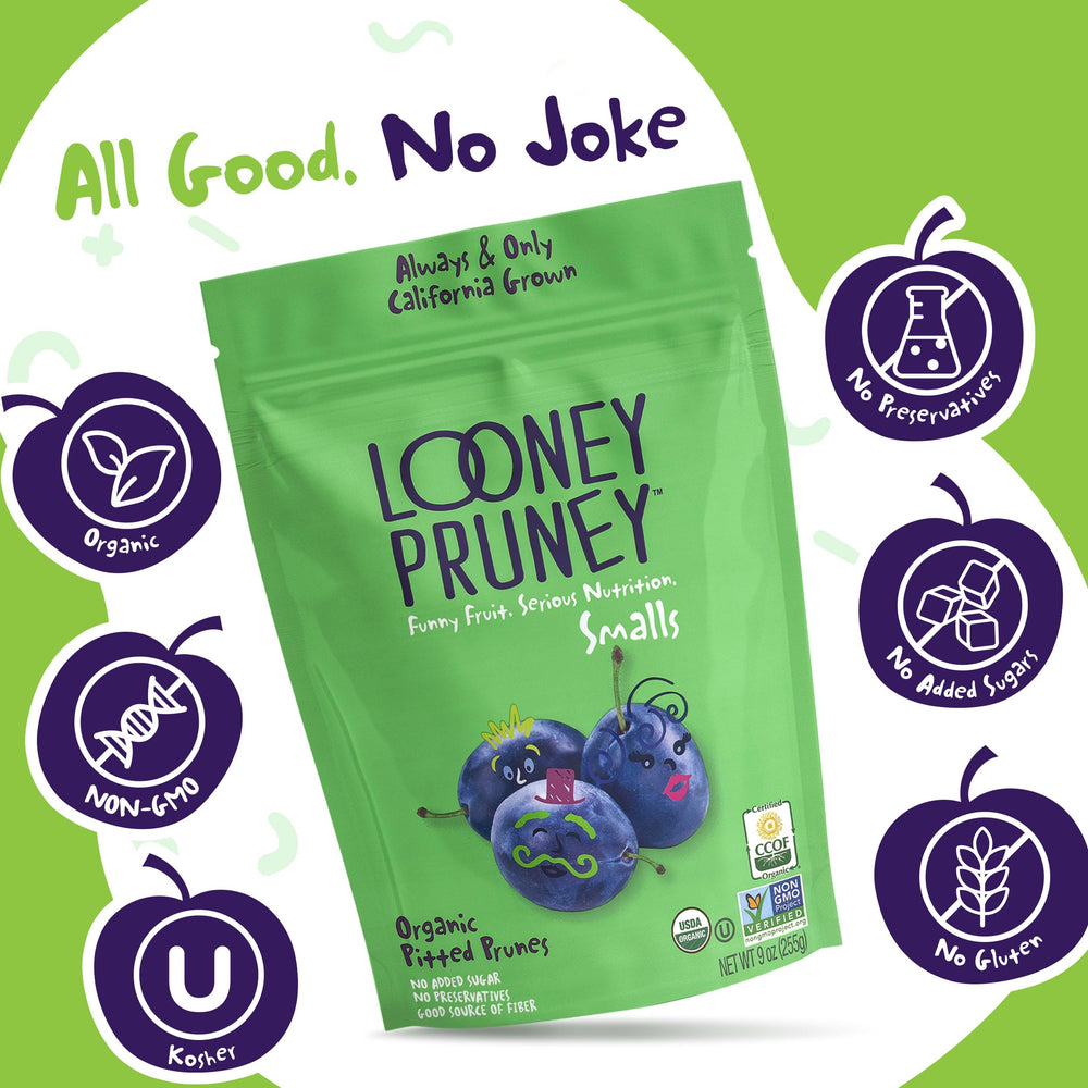 Looney Pruney Smalls six-pack 9 oz, convenient family snack.