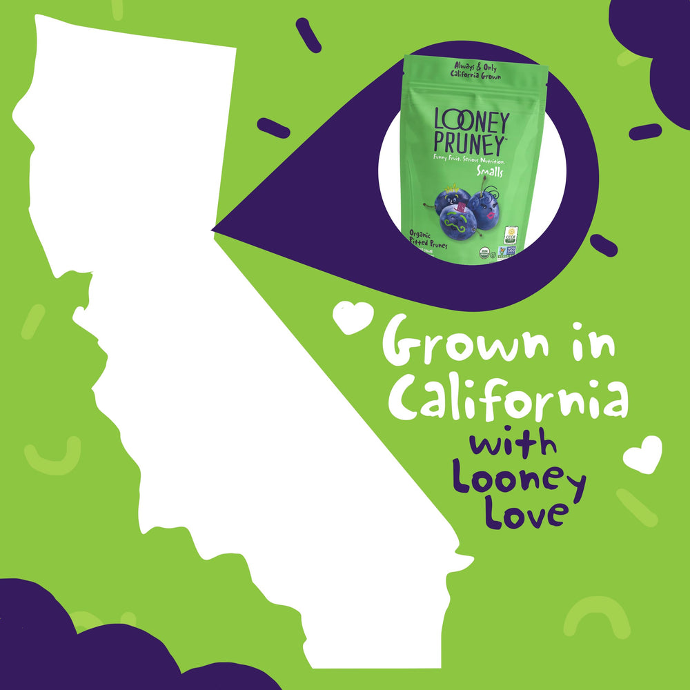 Looney Pruney Smalls vegan and Kosher certified packaging.