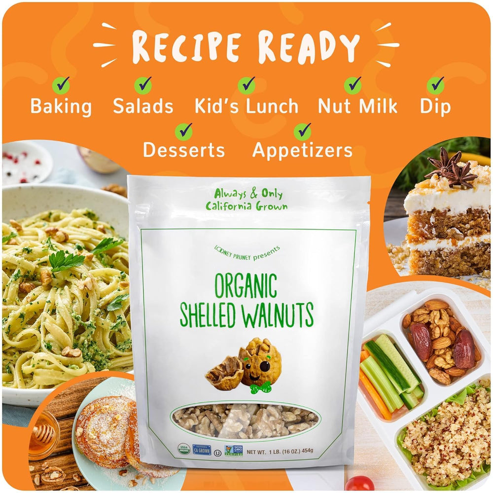 Looney Pruney unsalted walnuts as a healthy snack without added salt.