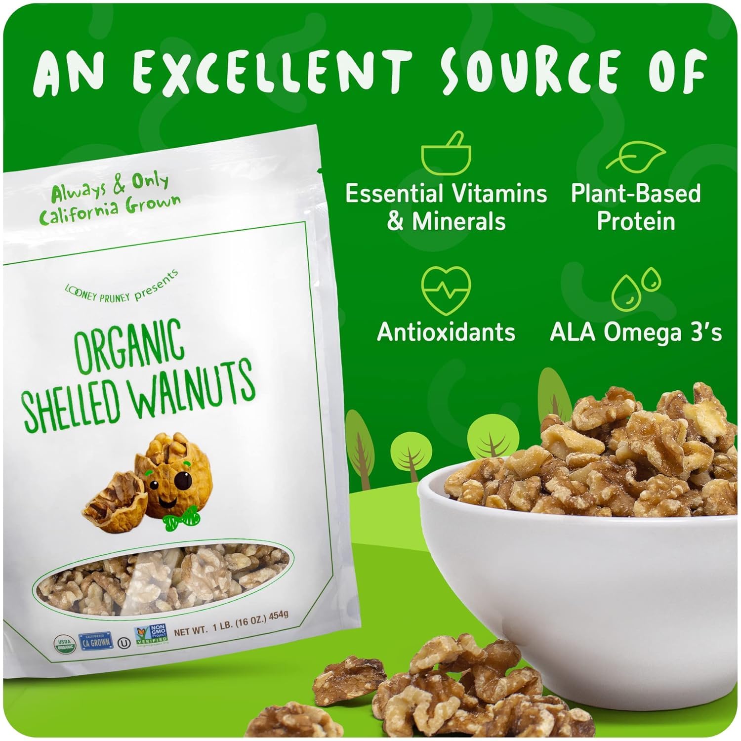 Looney Pruney walnuts in a baking context to enhance desserts and dishes.