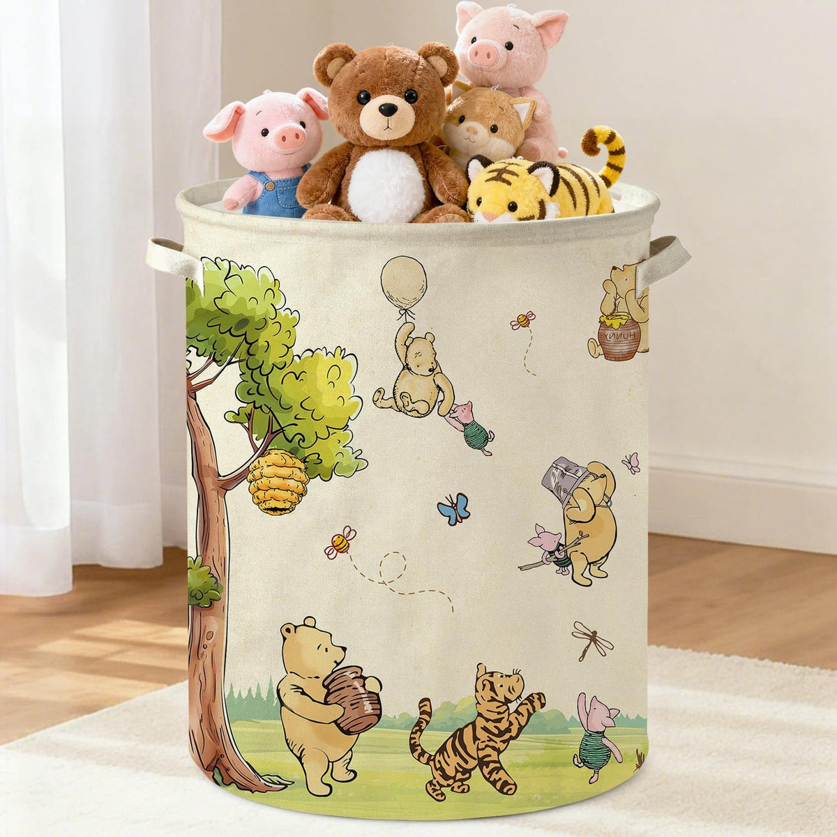 Lopeastar Oval Classic Winnie Bear basket in neutral nursery tones for organized laundry storage.