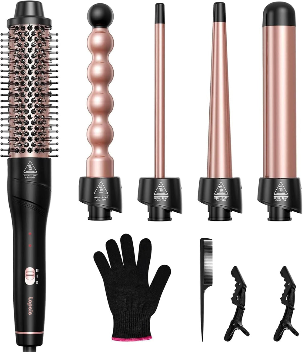 Lopeie 5-in-1 wand curling set with tapered wand for versatile styling options.