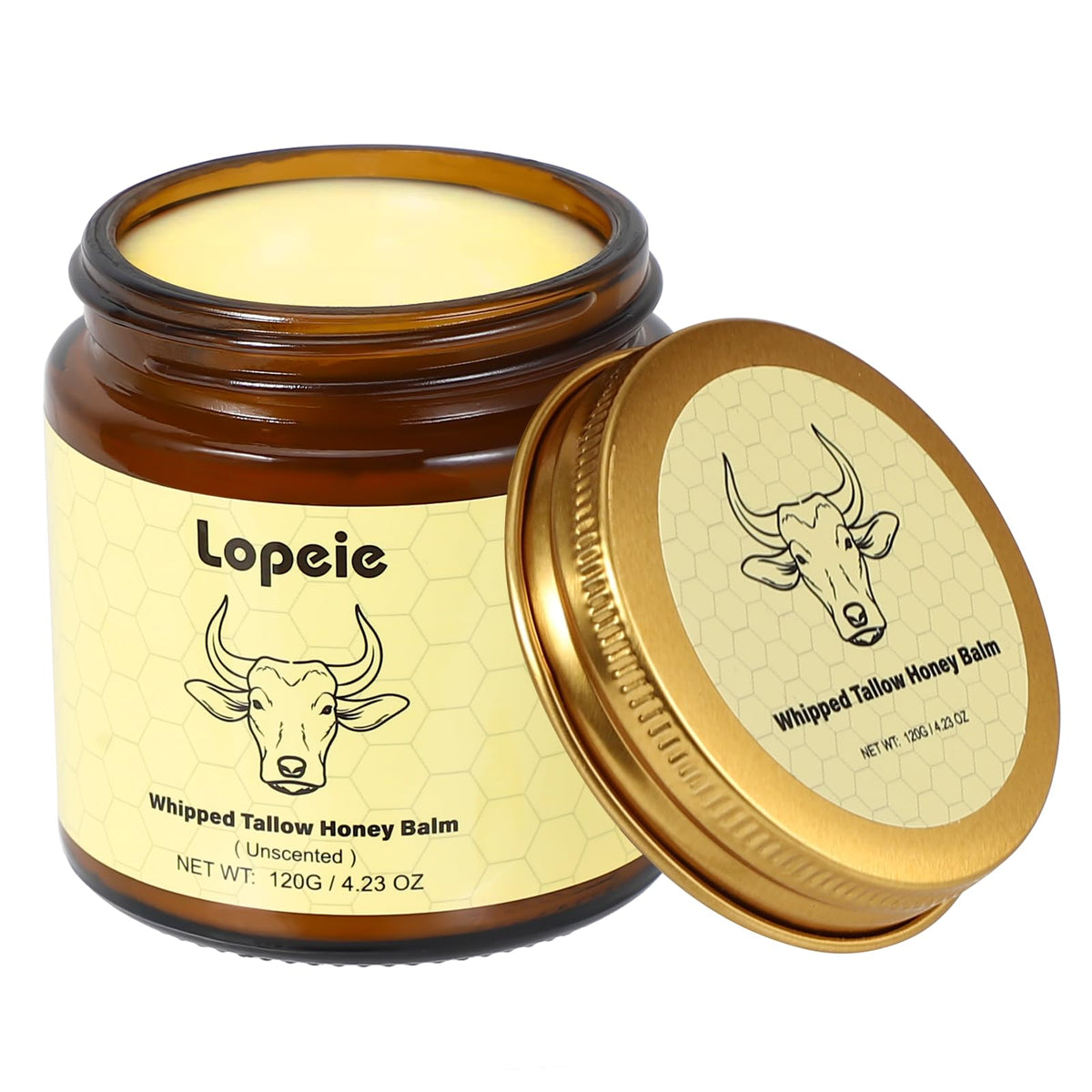 Lopeie beef tallow jar close-up showing nourishing formula for dry skin.