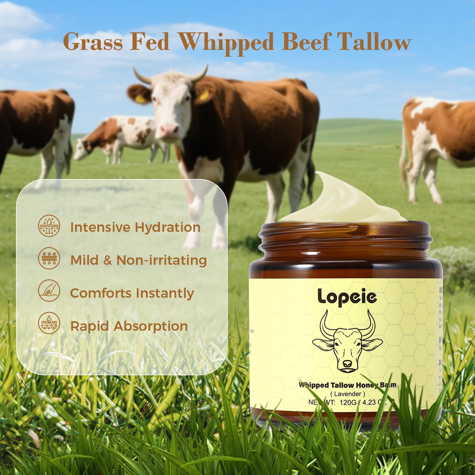 Lopeie balm with beef tallow and honey nourishes dry skin naturally.