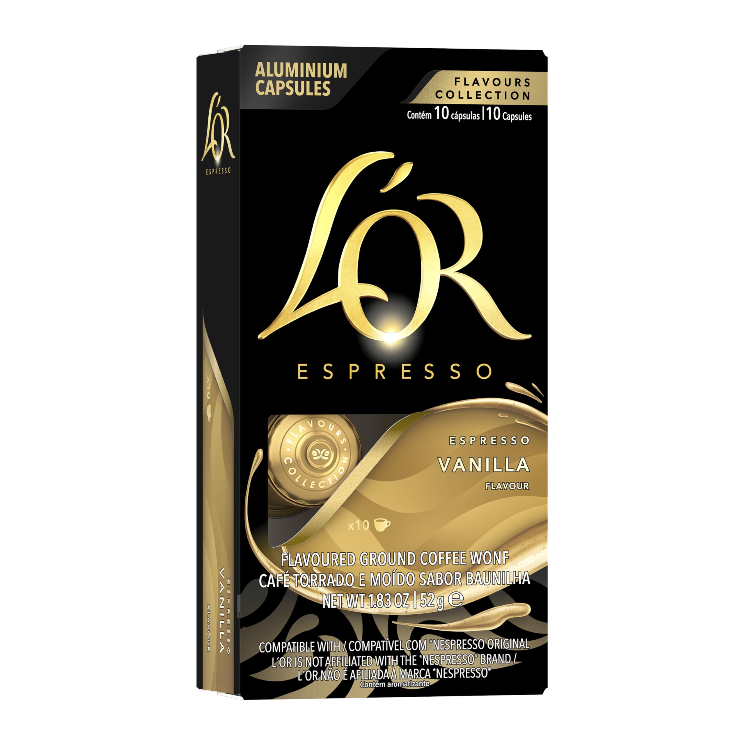 L'OR vanilla espresso capsule ready for BARISTA or Nespresso Original machines, with smooth flavor potential.