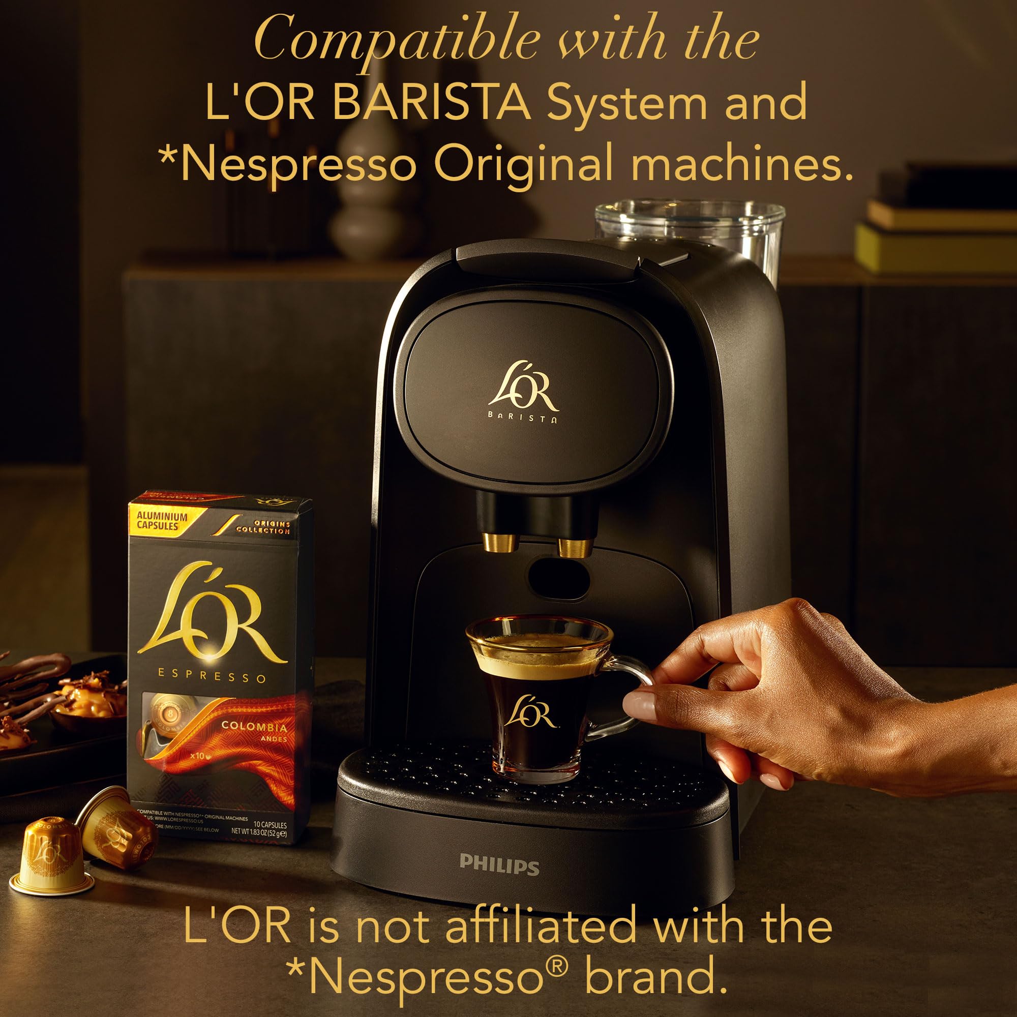 L'OR vanilla espresso crema in a cup hints at a rich texture.