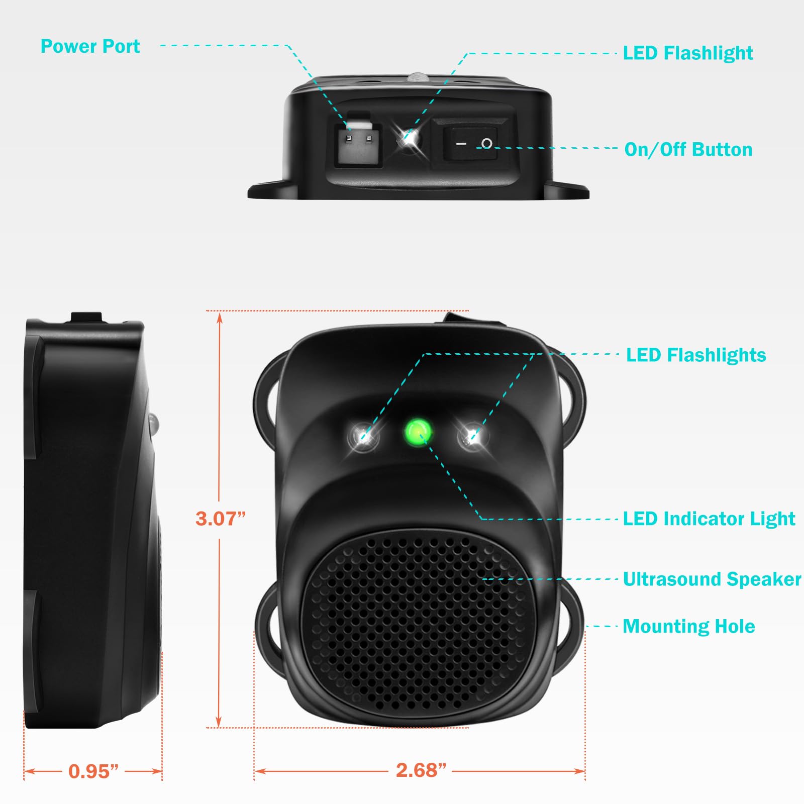 Loraffe ultrasonic deterrent with LED strobe shown in active engine protection setup.