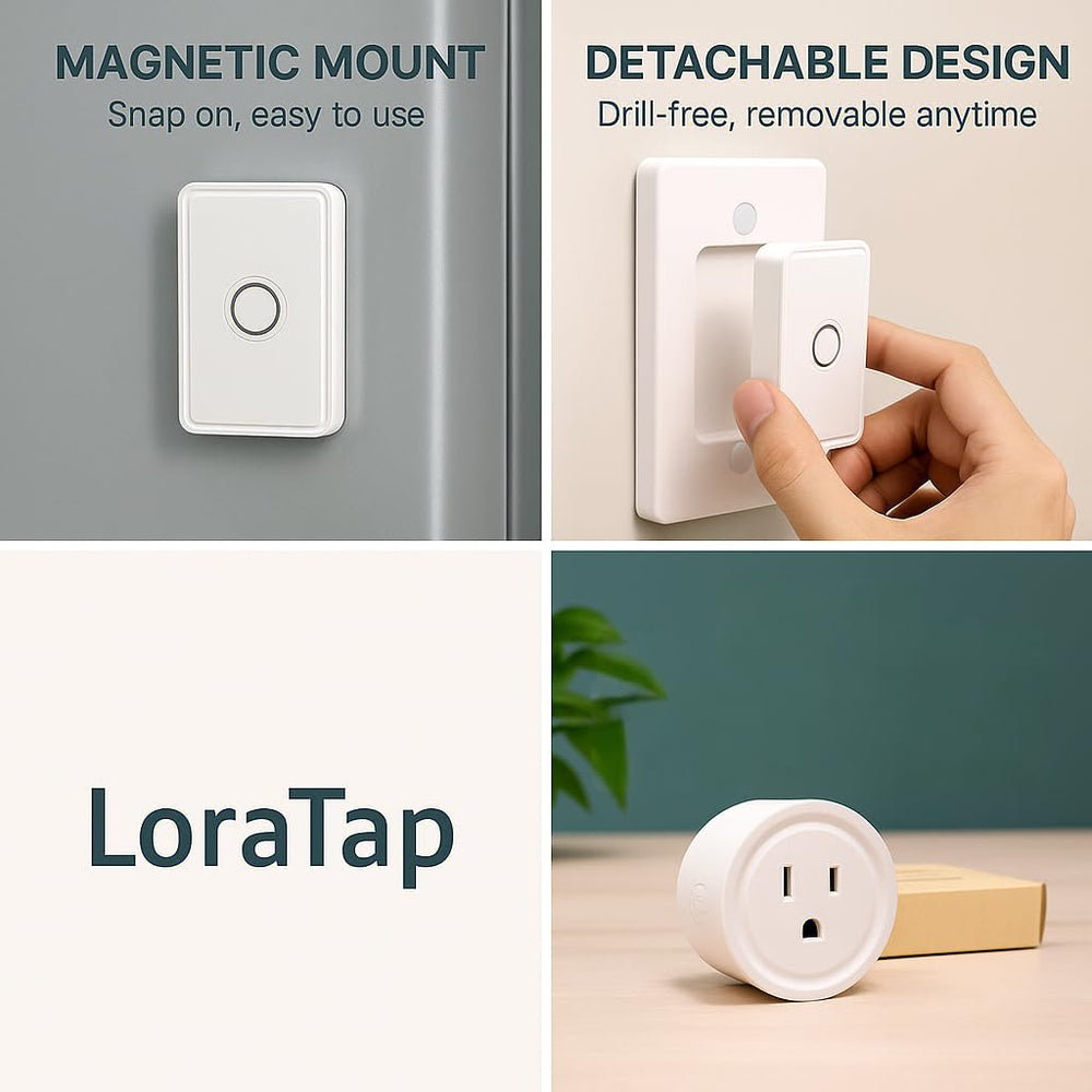 LoraTap compact power adapter powers devices with a single convenient button.