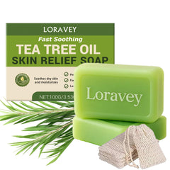 Loravey Antifungal Relief Soap Bar packaging highlights a Tea Tree blend for daily skin care.