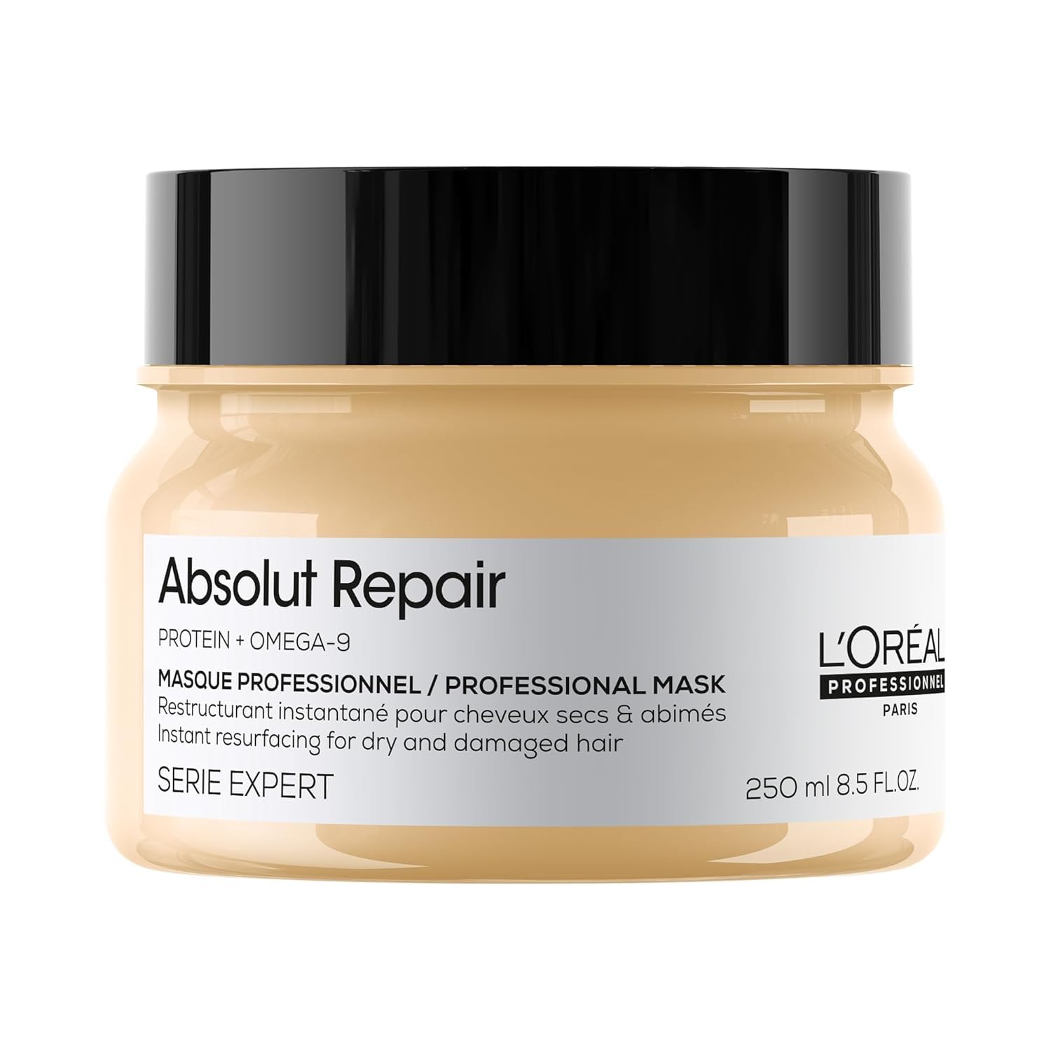 L'Oréal Professionnel Paris Absolut Repair Mask bottle close-up shows lightweight repair and shine