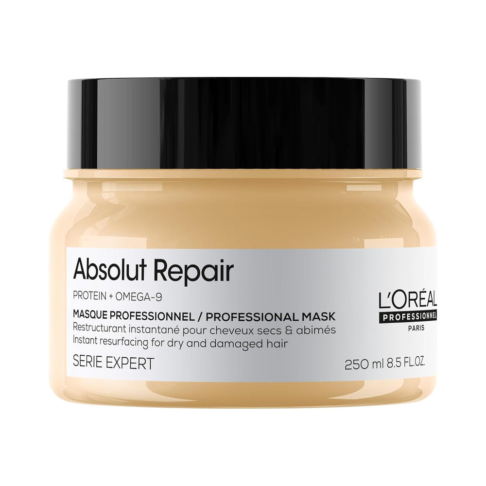L'Oréal Professionnel Paris Absolut Repair Mask bottle close-up shows lightweight repair and shine