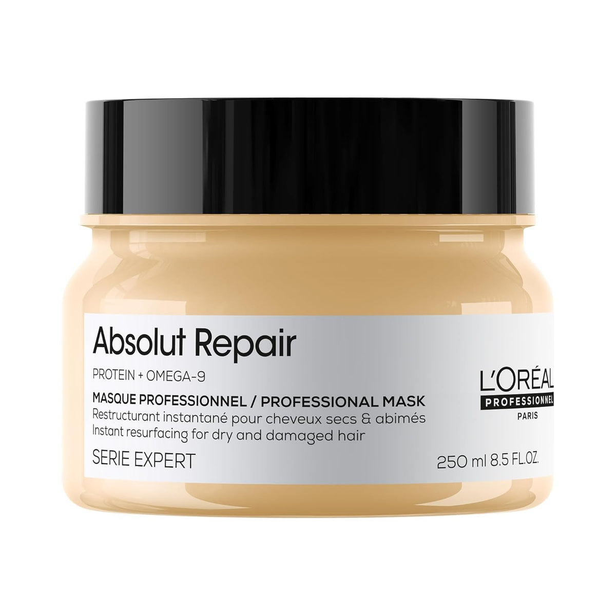 L'Oréal Professionnel Paris Absolut Repair Mask bottle close-up shows lightweight repair and shine