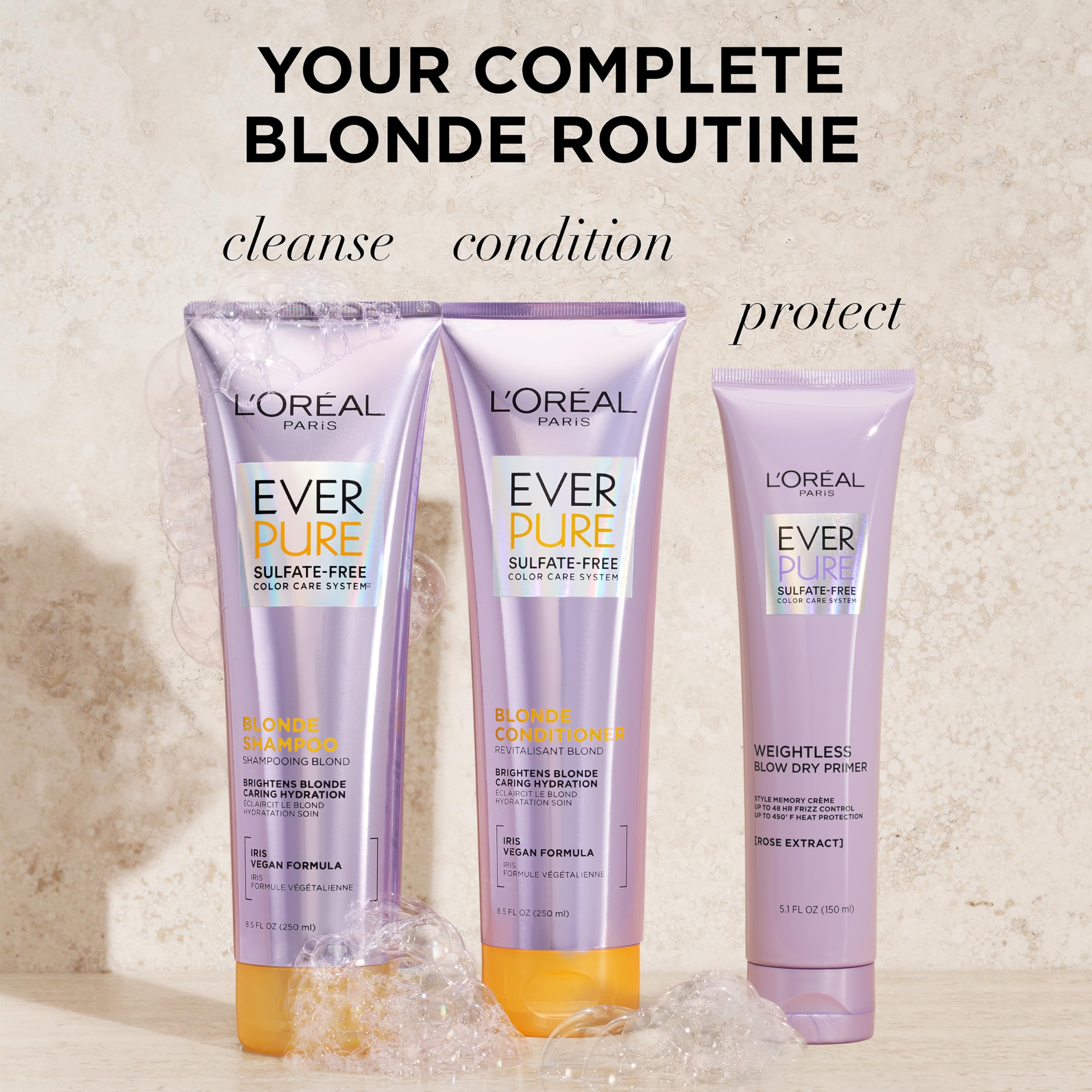 L'Oreal Paris EverPure color-treated hair care collection on display.