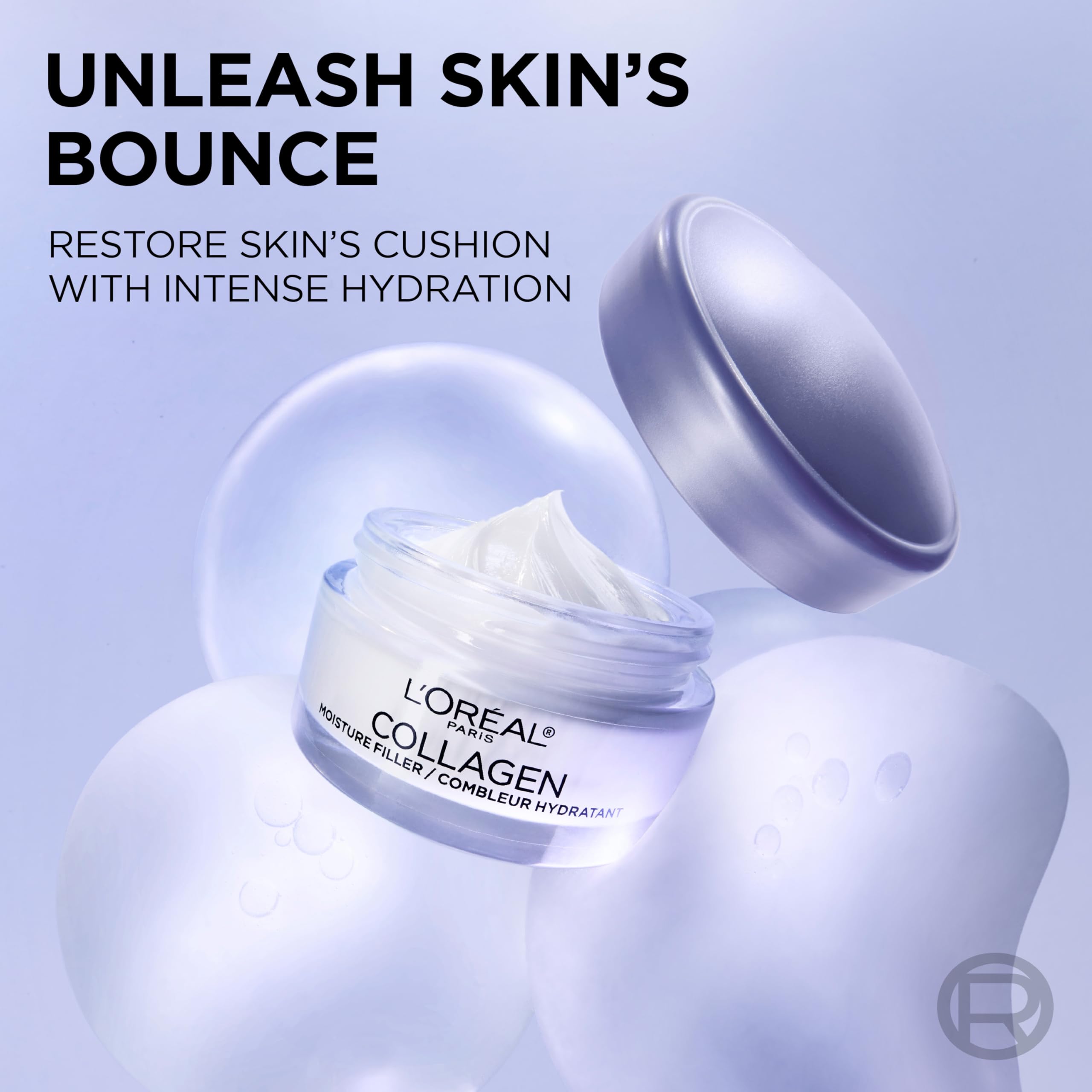 L'Oreal Paris Collagen Moisture Filler day/night cream jar close-up showing fragrance-free formula.