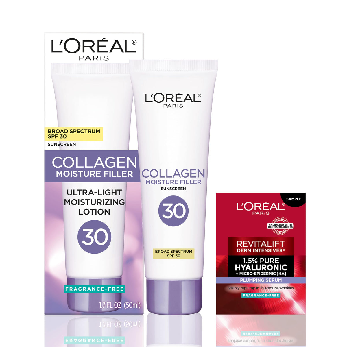 L'Oreal Paris Collagen Moisture Filler bottle, SPF 30, for daily hydration.