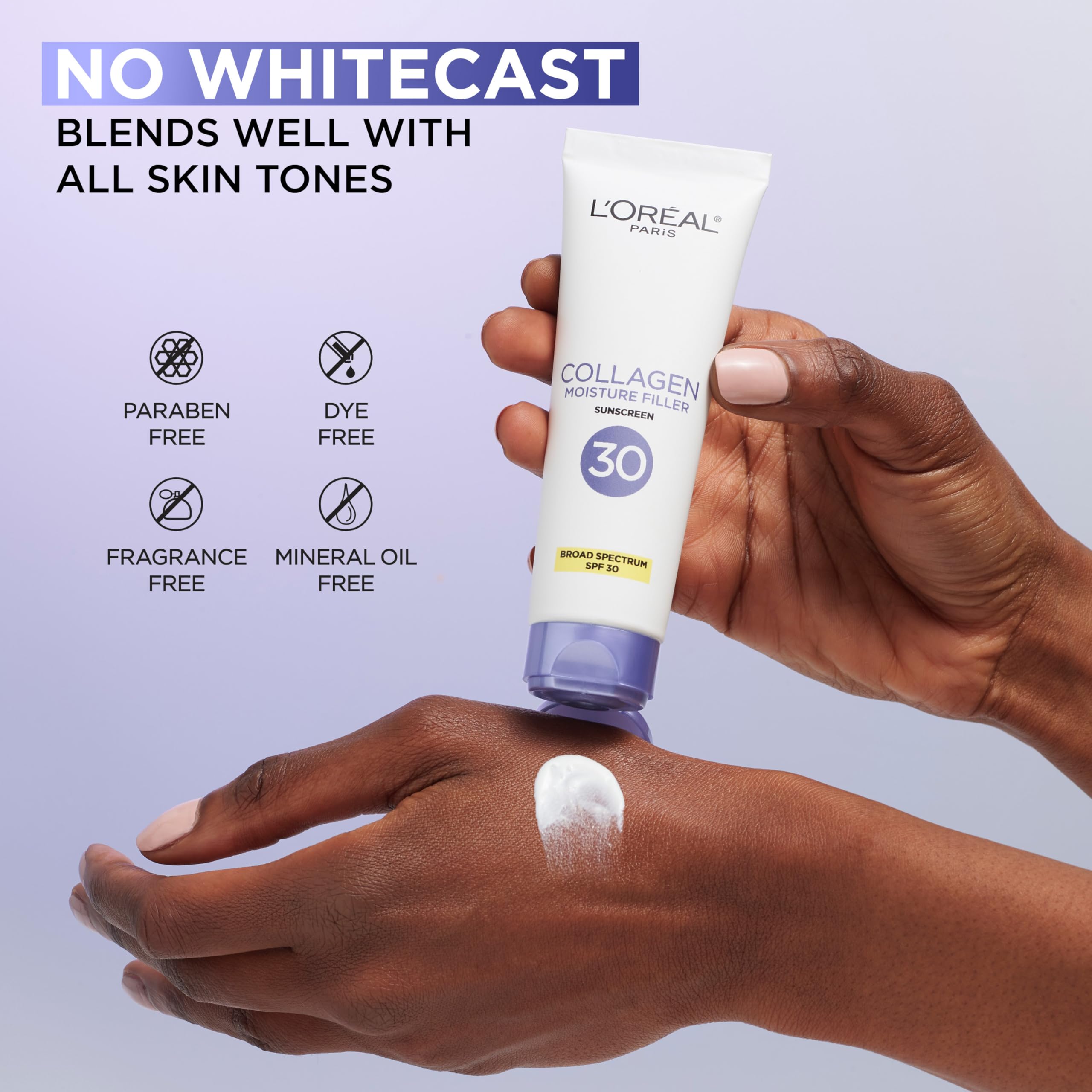 L'Oreal Paris Collagen Moisture Filler swatch shows hydrated, smooth skin.