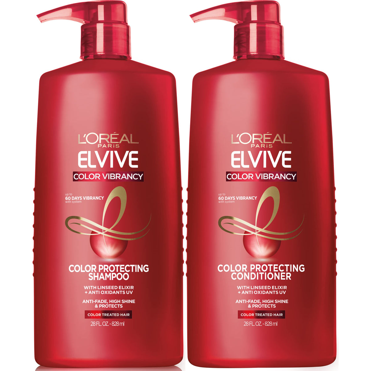L'Oreal Paris Elvive Color Vibrancy shampoo bottle demonstrates color protection with radiant shine