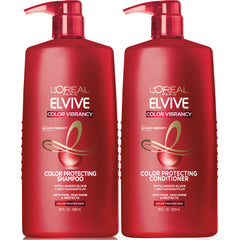 L'Oreal Paris Elvive Color Vibrancy shampoo bottle demonstrates color protection with radiant shine