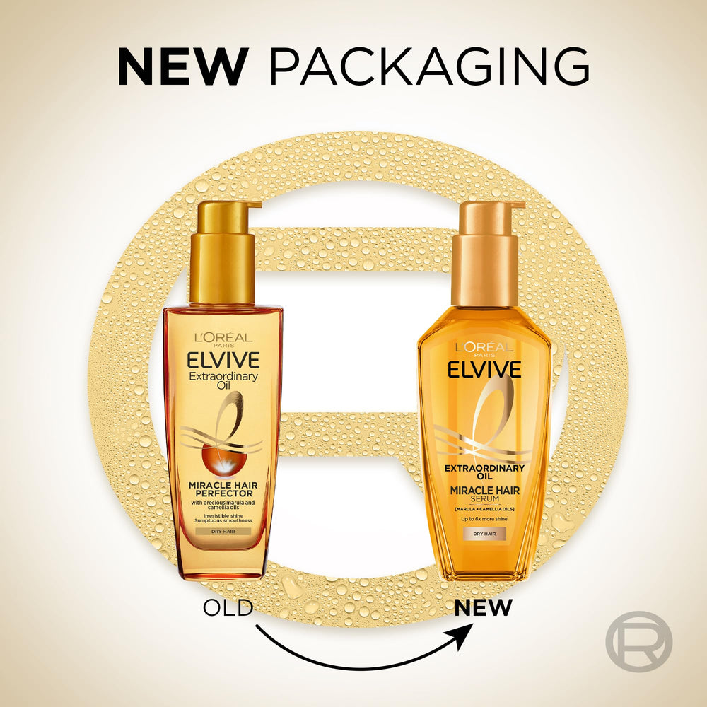 Elvive Extraordinary Oil drops apply evenly through wet or dry hair for shine.