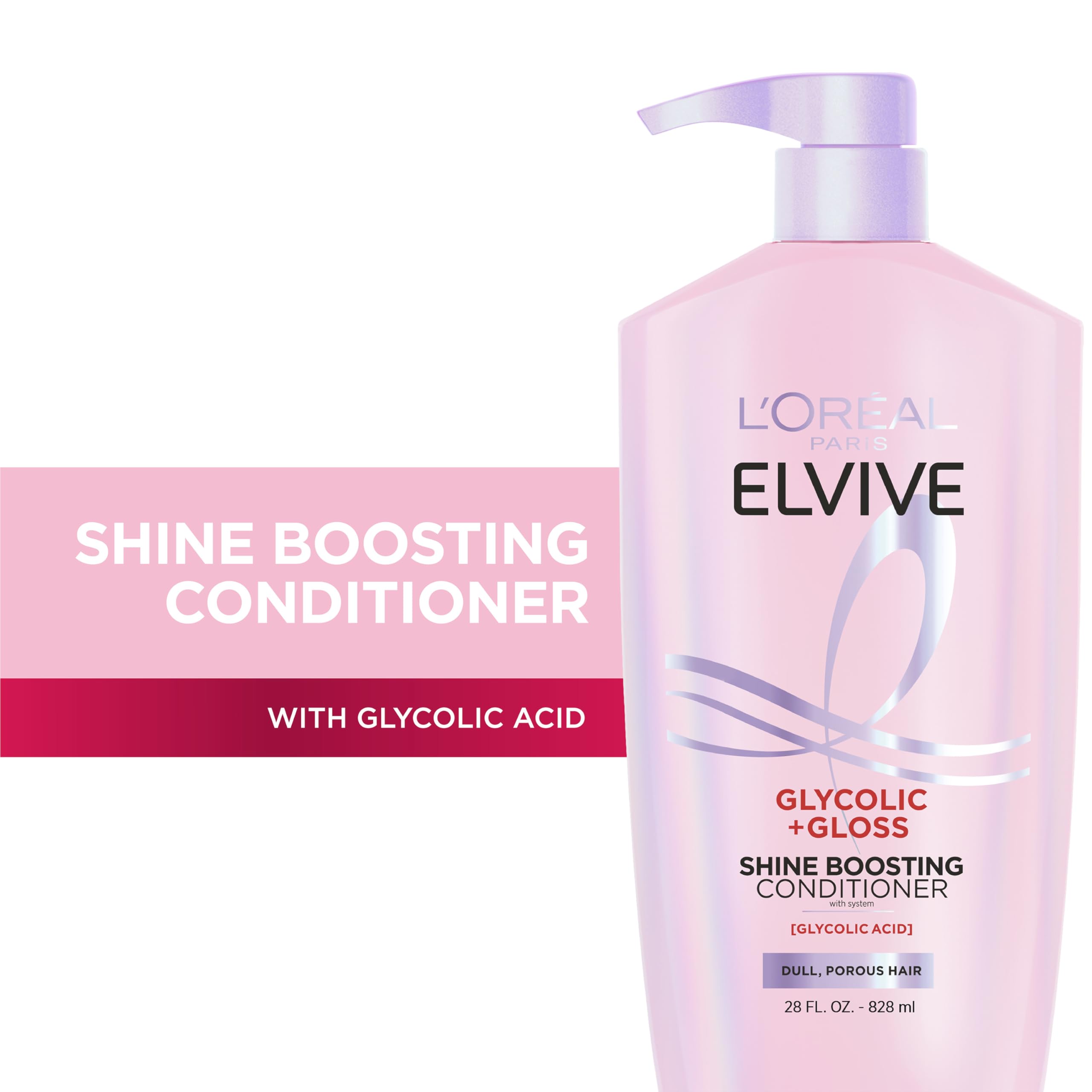 L'Oreal Paris Elvive Glycolic + Gloss conditioner bottle smoothing detangling formula for porous hair.