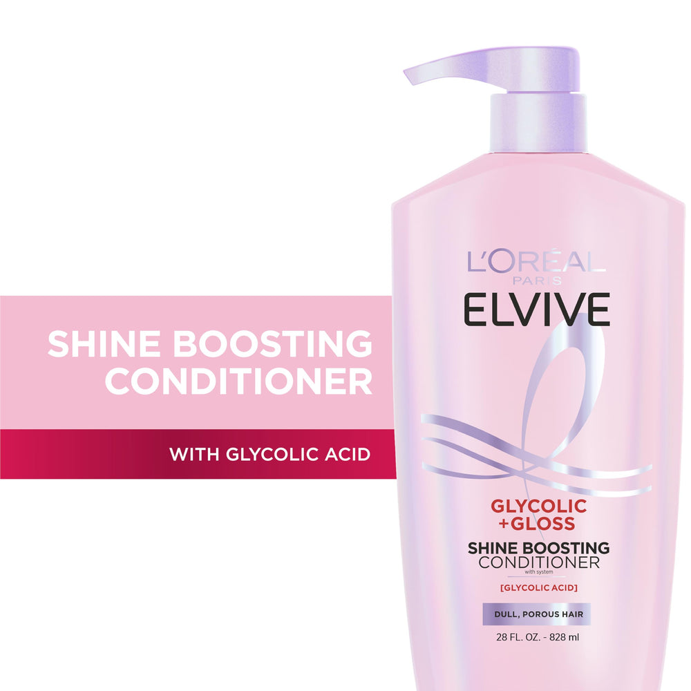 L'Oreal Paris Elvive Glycolic + Gloss conditioner bottle smoothing detangling formula for porous hair.