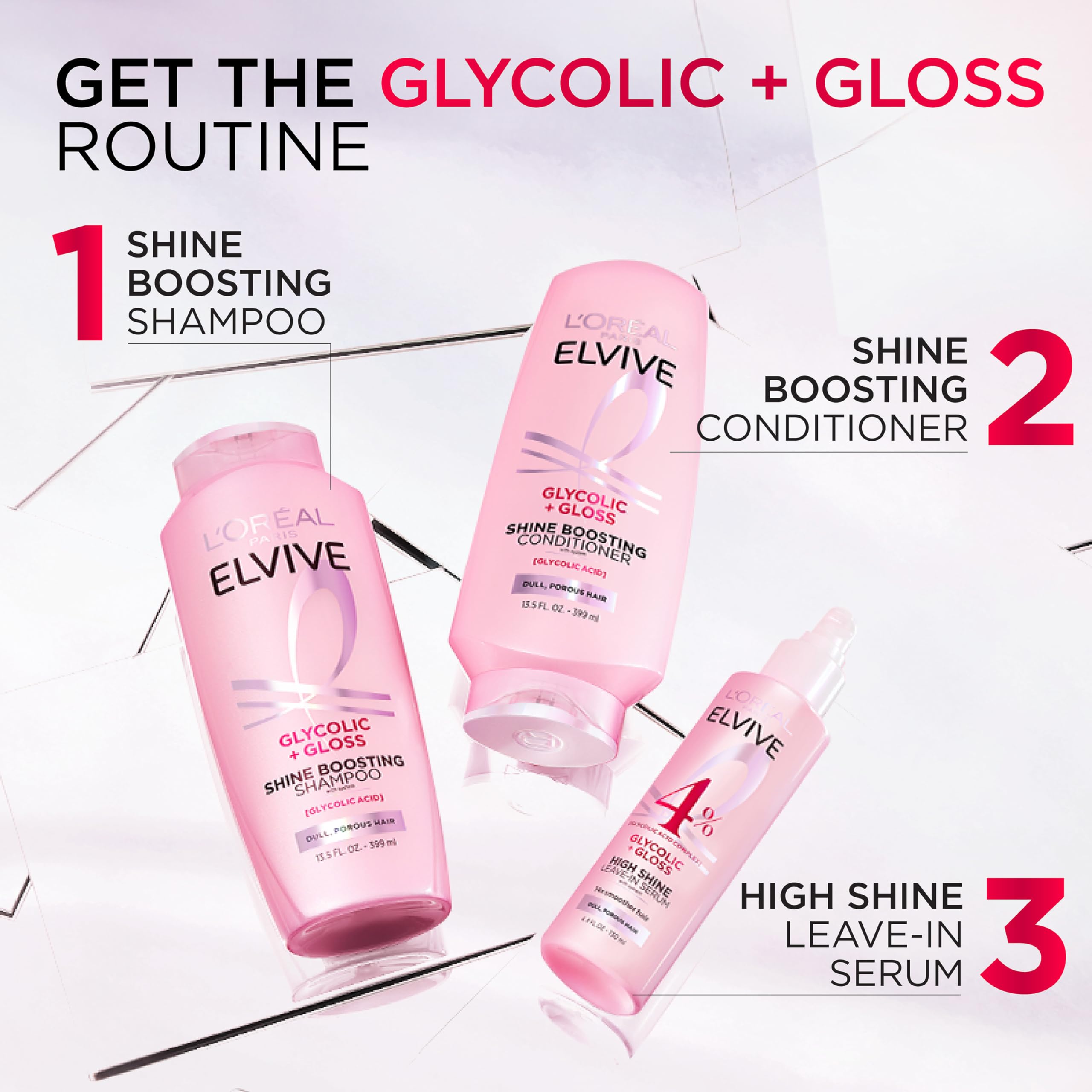 L'Oreal Paris Elvive Glycolic + Gloss hair texture close-up showing smooth strands.