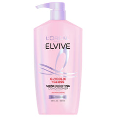 L'Oreal Paris Elvive Glycolic + Gloss shampoo bottle highlighting shine-boosting cleanse for dull hair.
